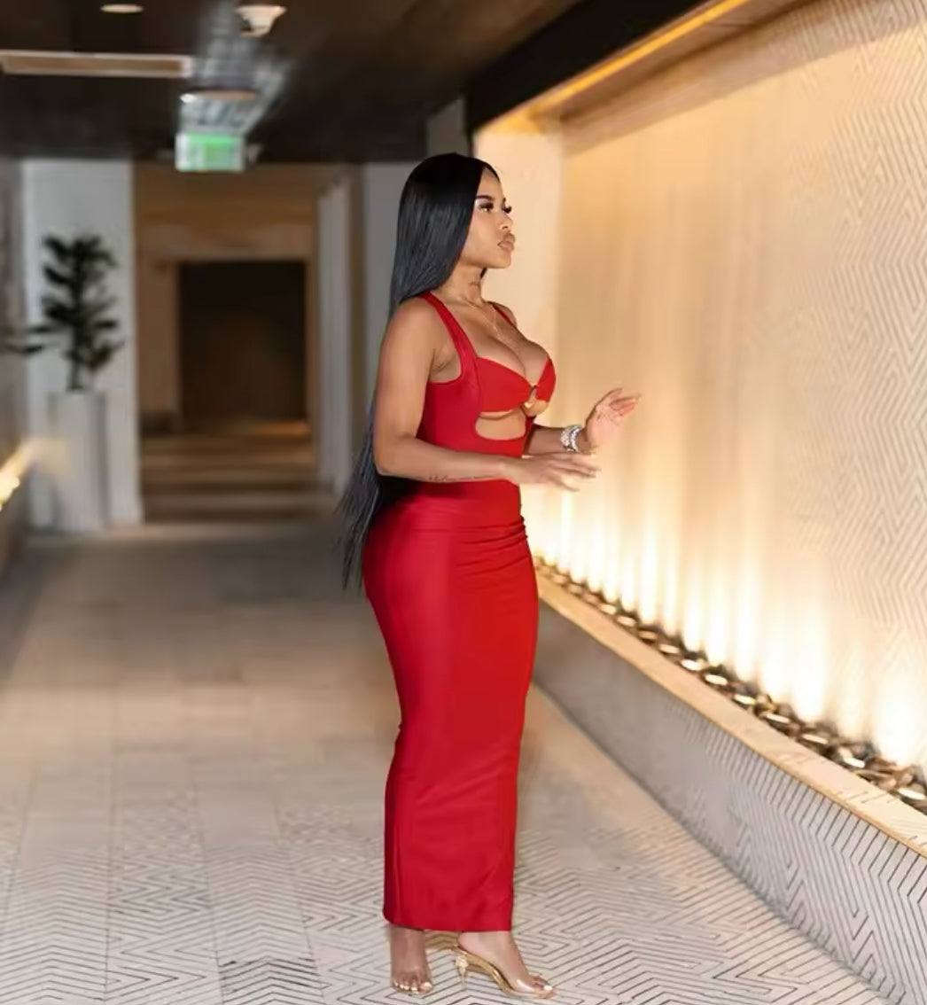 “Red Night” Club Outfits, Hollow Out Backless, Sleeveless Long Dress