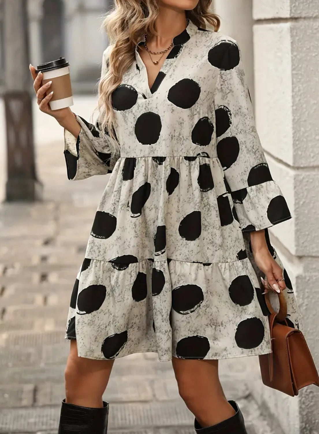 Earth Tone Polka Dot Print Flounce Sleeve Ruffle Hem Smock Dress