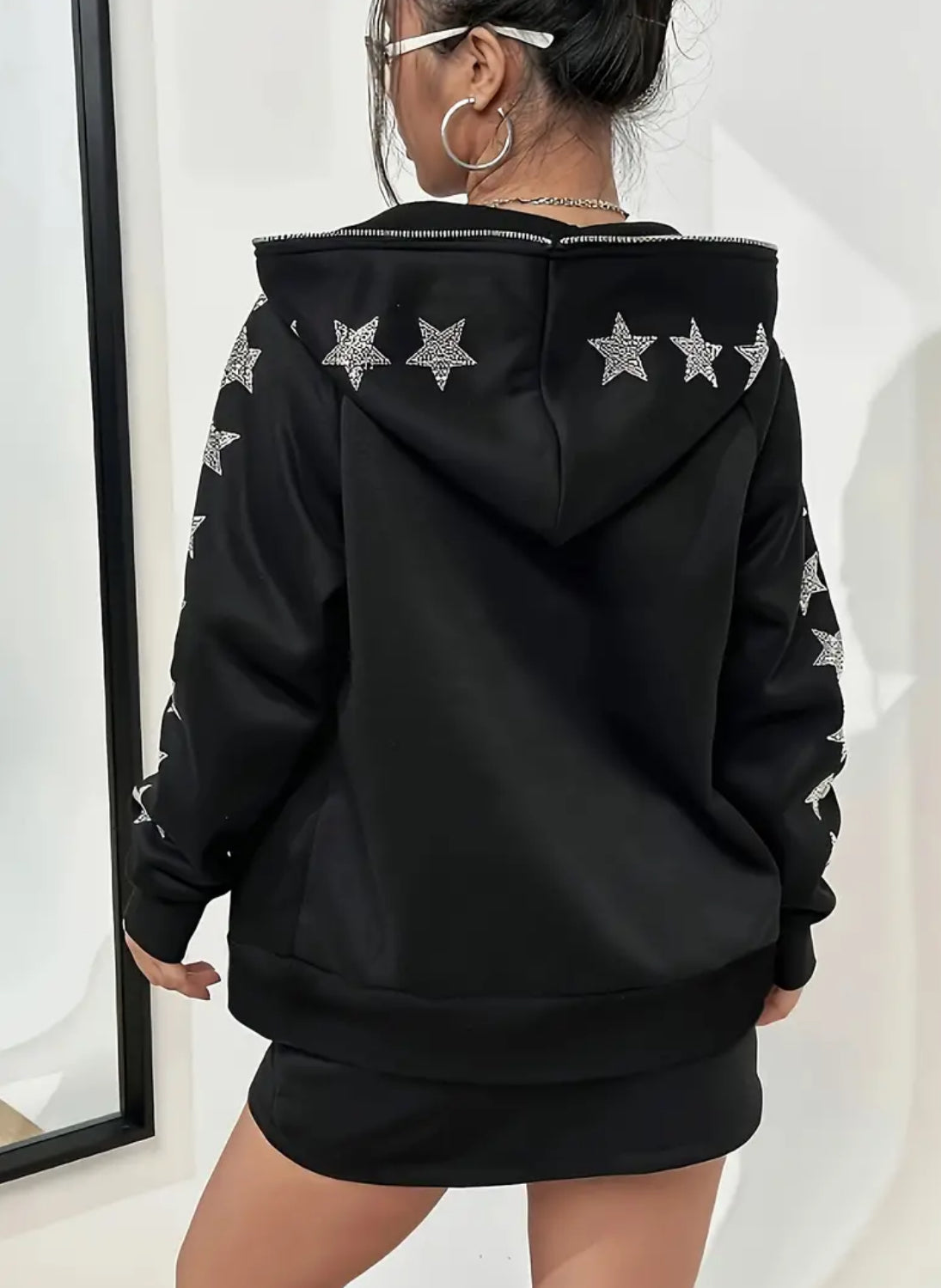 Star Patterned Hooded Sweatshirt- Casual Long Sleeve Zip-Up Outerwear