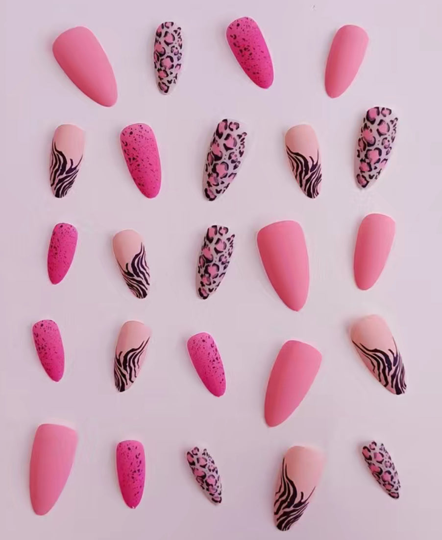 Matte Hot Pink Stiletto Press On Nails with Zebra Leopard Print Design