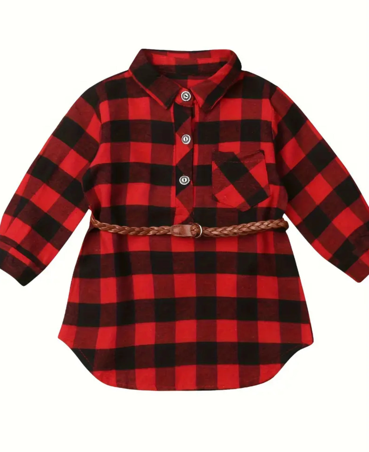 “Holly” Black Red Plaid T-Shirt Blouse Dress + Twist Belt, Long Sleeve, Toddler Baby Girl Outfit