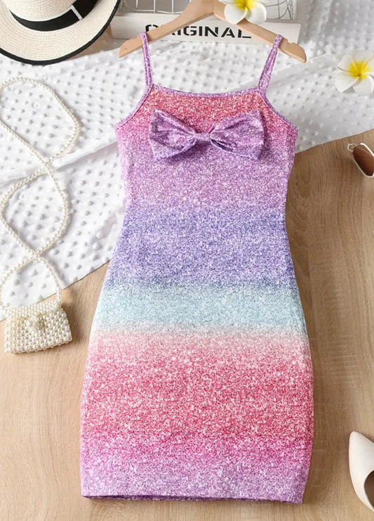 Sweet Girls “Rainbow Gradient” Bow Decor Cami Dress