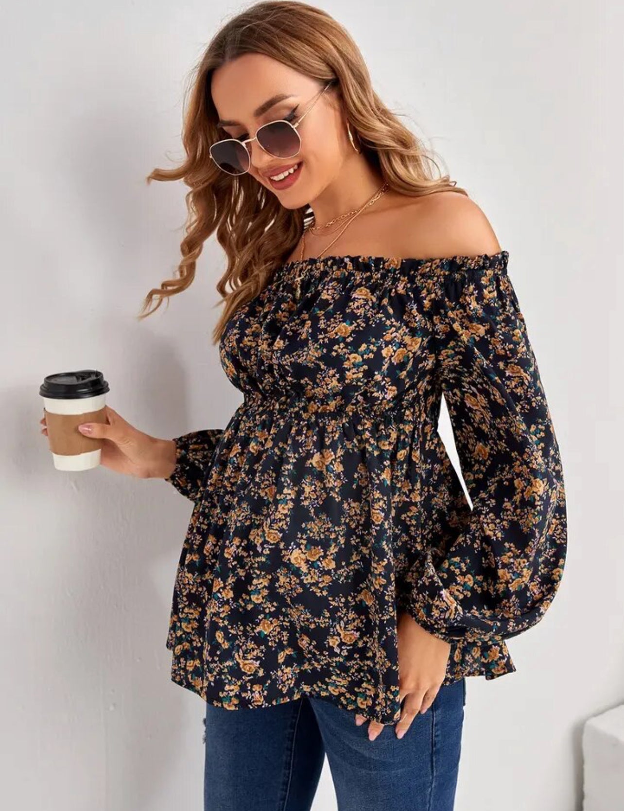 Blusa de manga larga con hombros descubiertos y flores para maternidad para mujer