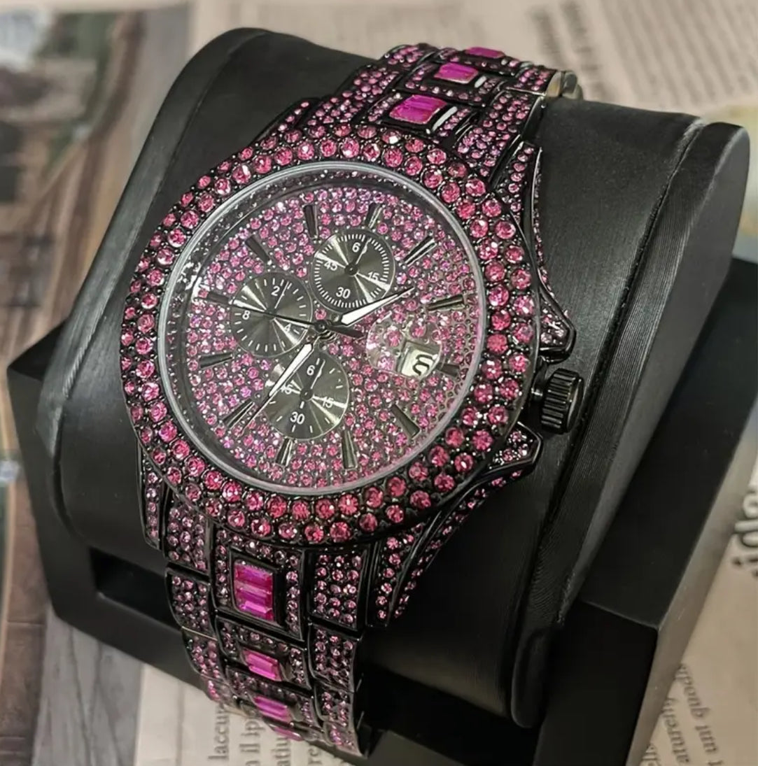 “Luxury Rainbows” Diamond Quartz Watch - Hip Hop Gothic Street Style, Analog Display with Rhinestone Accents