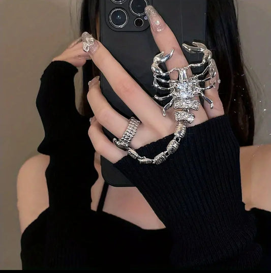 Exaggerated Rhinestone Decor Scorpion Chain Ring Punk Style Elastic Ring Accessories For Girls