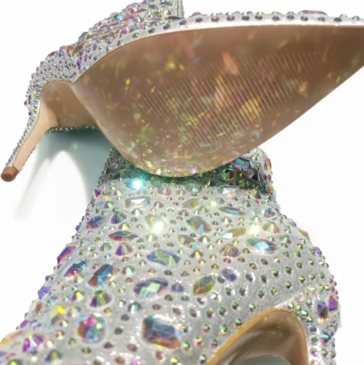 “Silvery Sparkling Rhinestone” Embellished Bootie - Mid High Heel, AB Rhinestones, Luxurious Design, Elegant Style