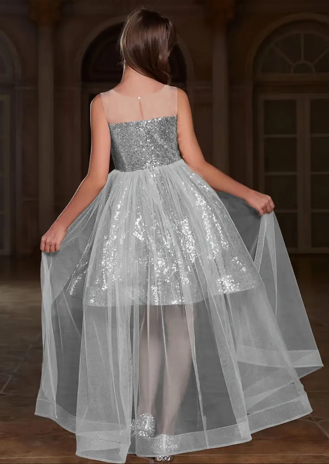 Girls' Sparkling Sequin Dress With Tulle Overlay, Long Formal Gown