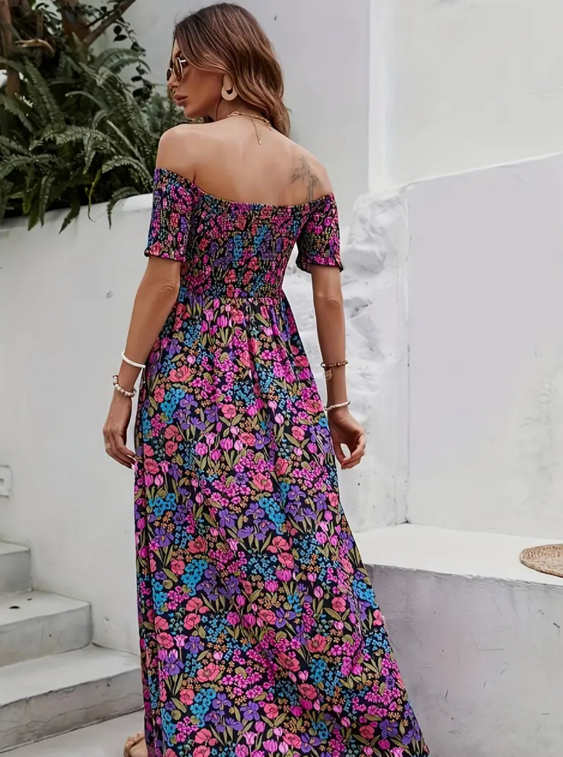 “Floral Fantasy” Off Shoulder Dress, Elegant Backless Shirred Short Sleeve Split Dress