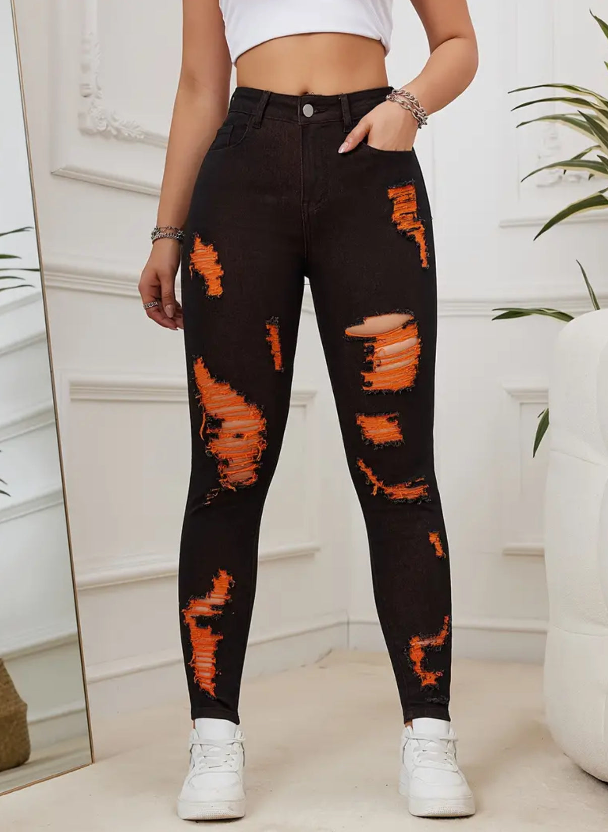 Neon Orange, Streetwear, Chic Distressed Skinny Jeans, Women’s