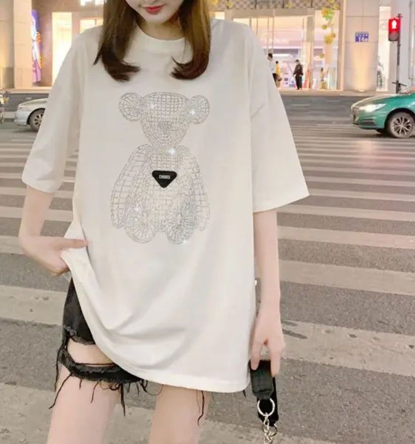 “Modish Bear” Rhinestone Fashion, Casual Loose Fit