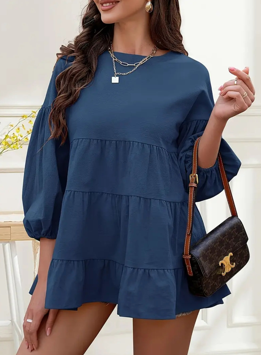 Women's ‘Babydoll’ Peplum Lantern Sleeve Crewneck Loose Dress