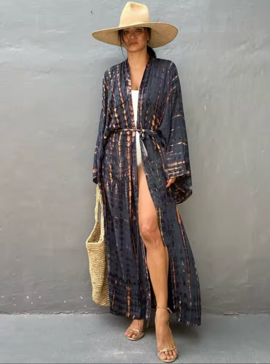 Color Wash Belted Pareo Bohemian Beach Kimono Dress