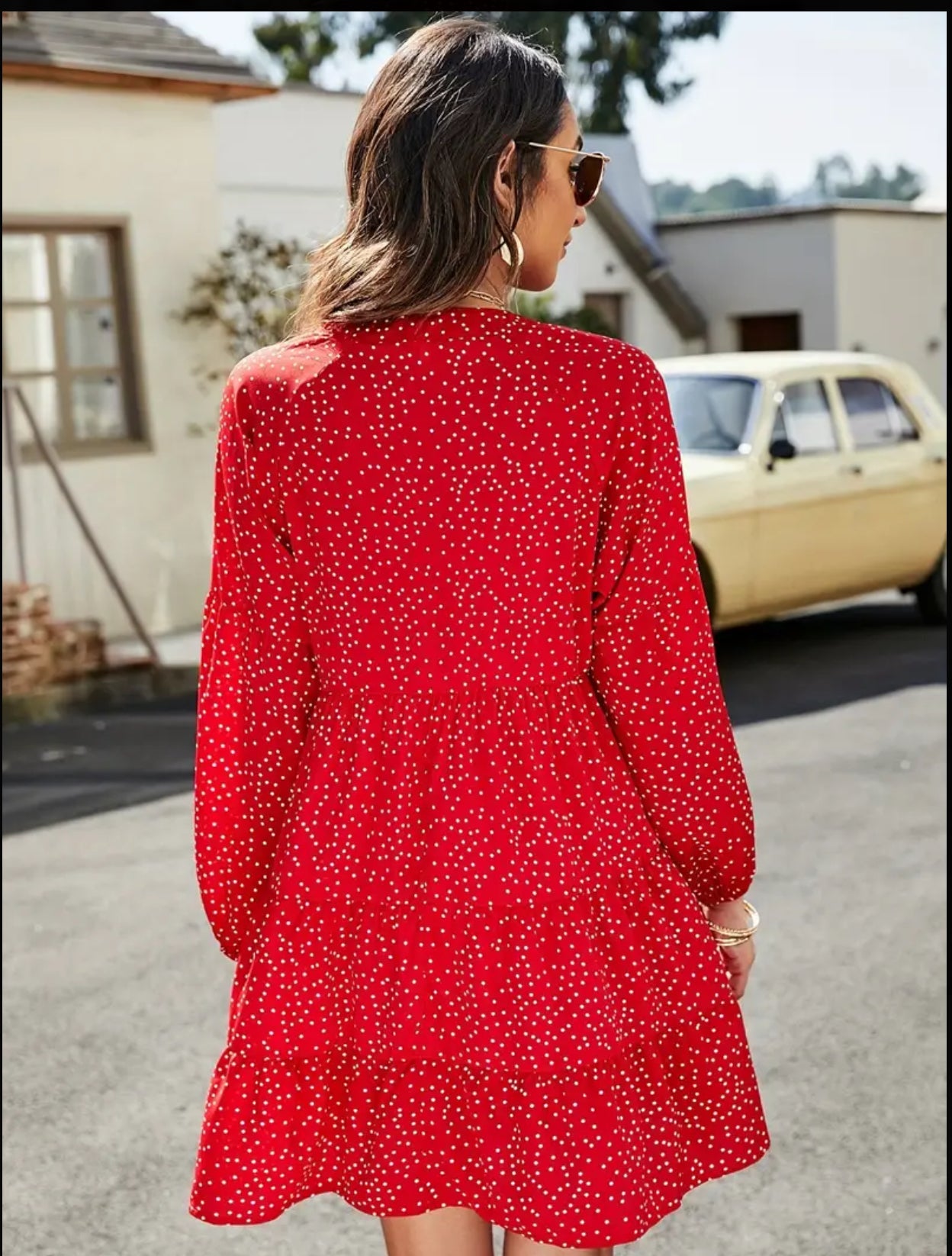 Polka Dot V Neck, Casual Button Front Ruffle Trim Lantern Sleeve Dress