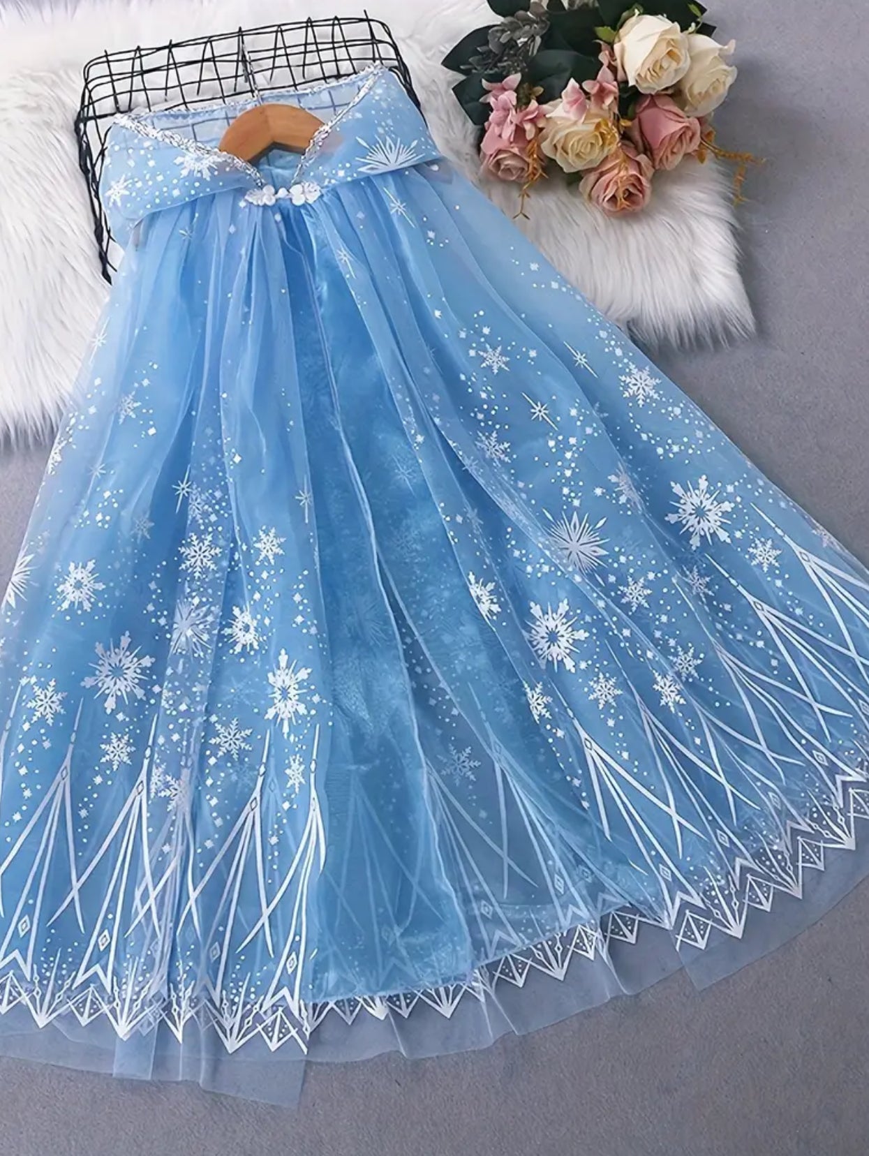 Girls' ❄️ Magical Blue Tulle Cape Dress with White Snowflakes | 29 Inches Long  