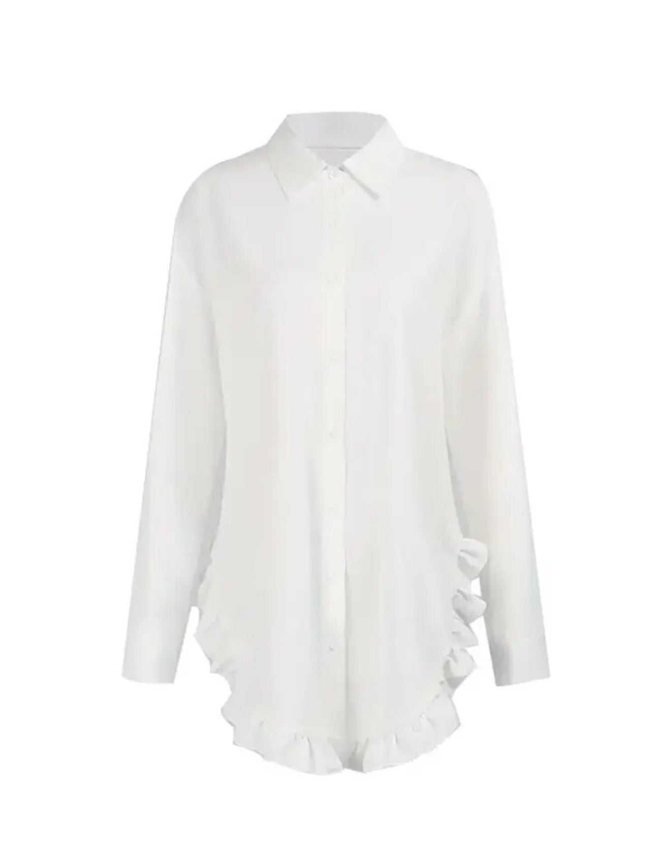 Oleander Ruffle, Oversized Casual Long Sleeve Button Front Blouse