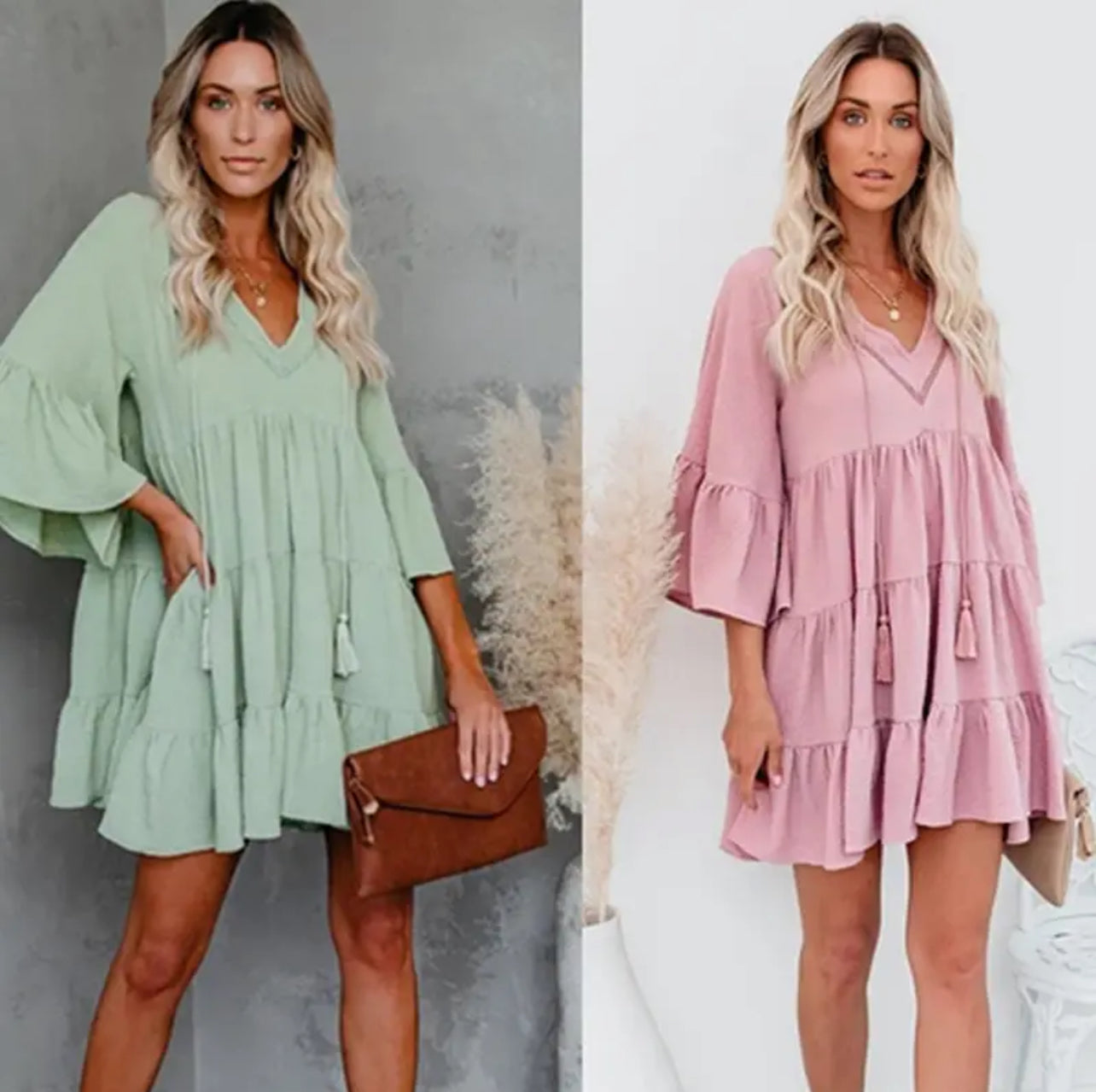 Sweet Short Flare Sleeve V-neck, Chiffon Dress