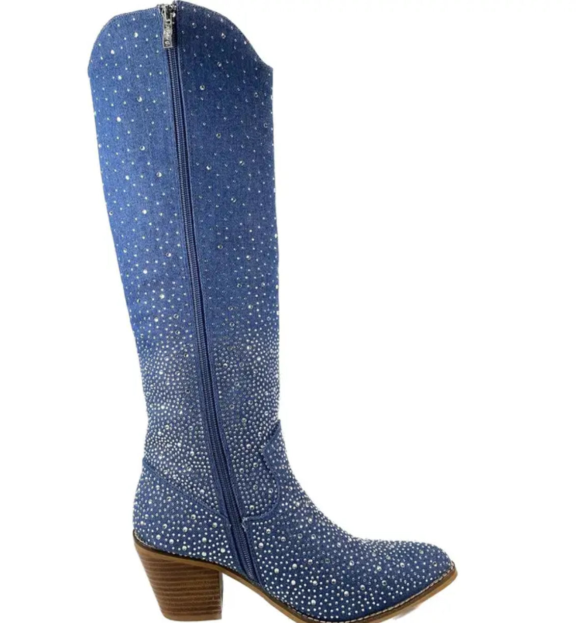 Botines hasta la rodilla estilo vaquero occidental para mujer de ARiderGirl Shine, con puntera de almendra adornada con diamantes de imitación y cremallera lateral, botas de tacón apilado de cuero