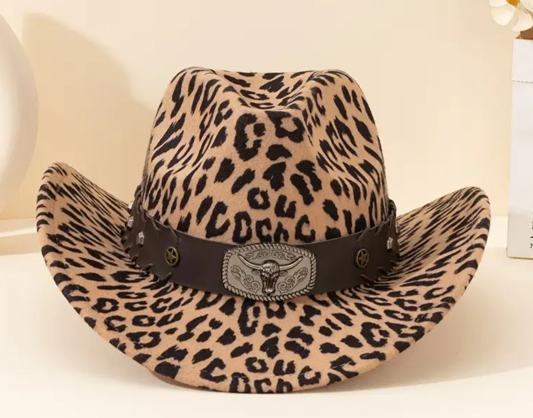 “Western Leopard” Cowboy Hat Detachable Bull Head Emblem, Adjustable Size