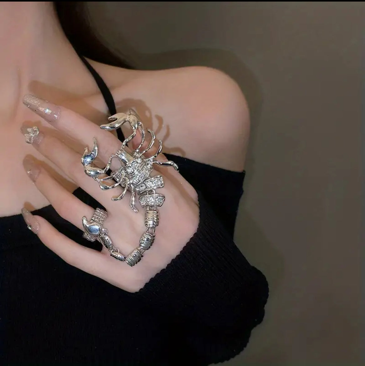 Exaggerated Rhinestone Decor Scorpion Chain Ring Punk Style Elastic Ring Accessories For Girls