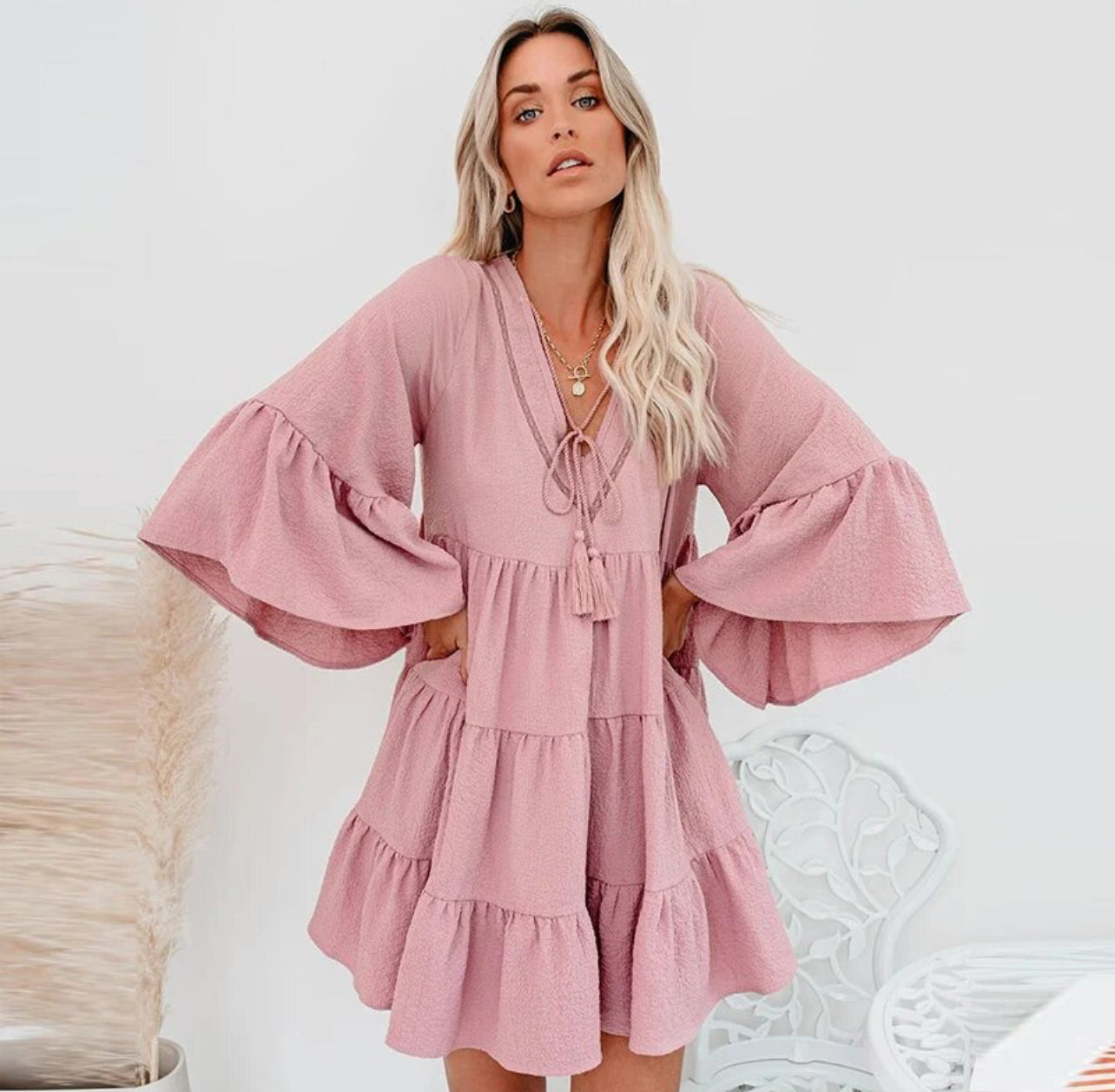 Sweet Short Flare Sleeve V-neck, Chiffon Dress