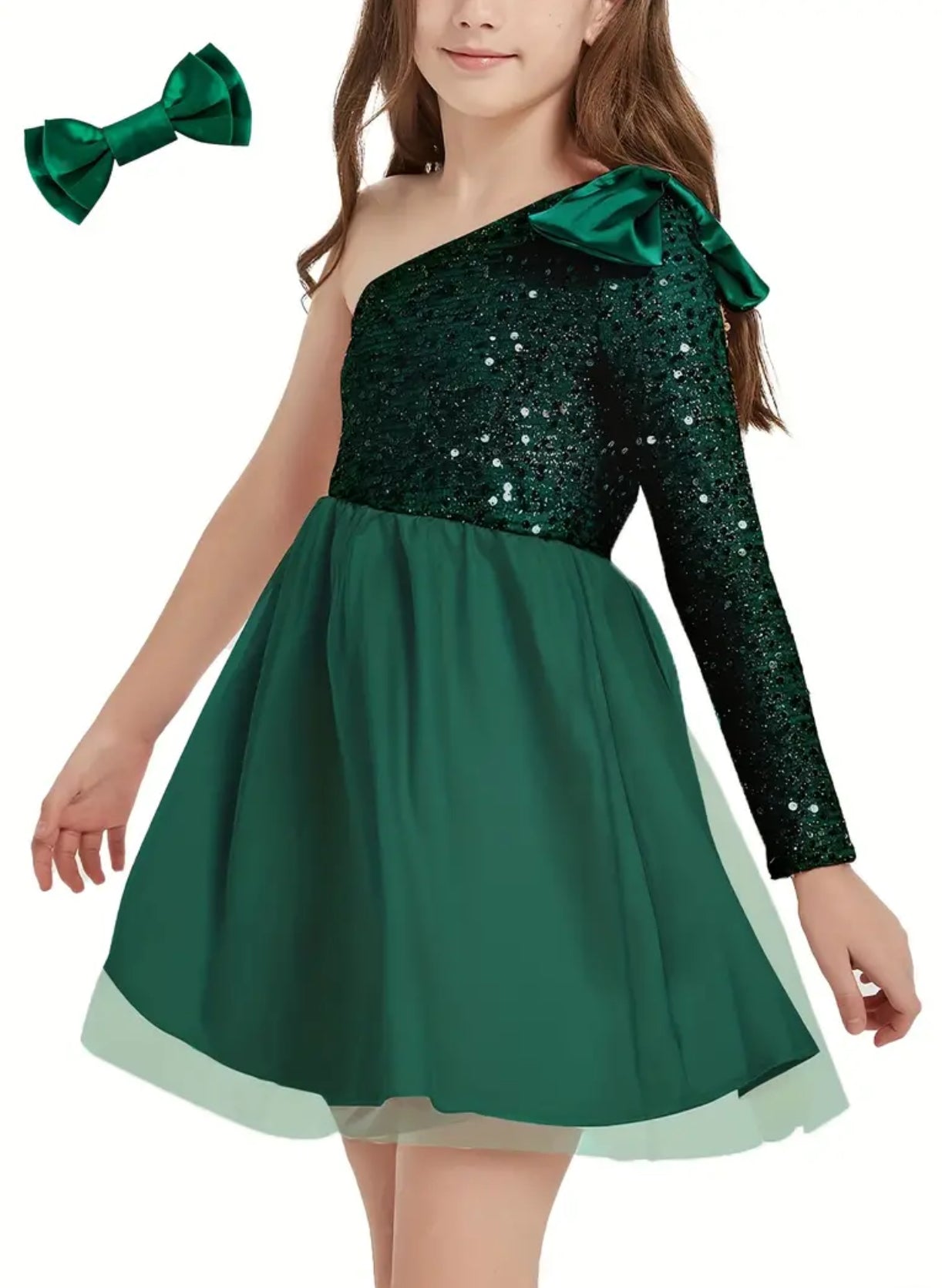 Party Mesh Tulle Spliced,Sequin Dress One-Shoulder Princess Dress Youth