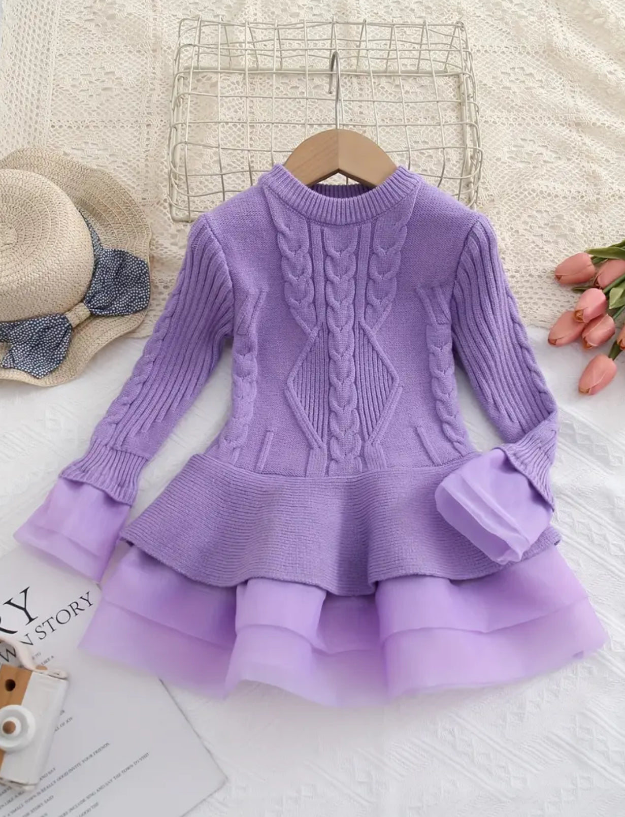 “Jacquard” Knitted Sweater Sweet Organza Long Dress Girls