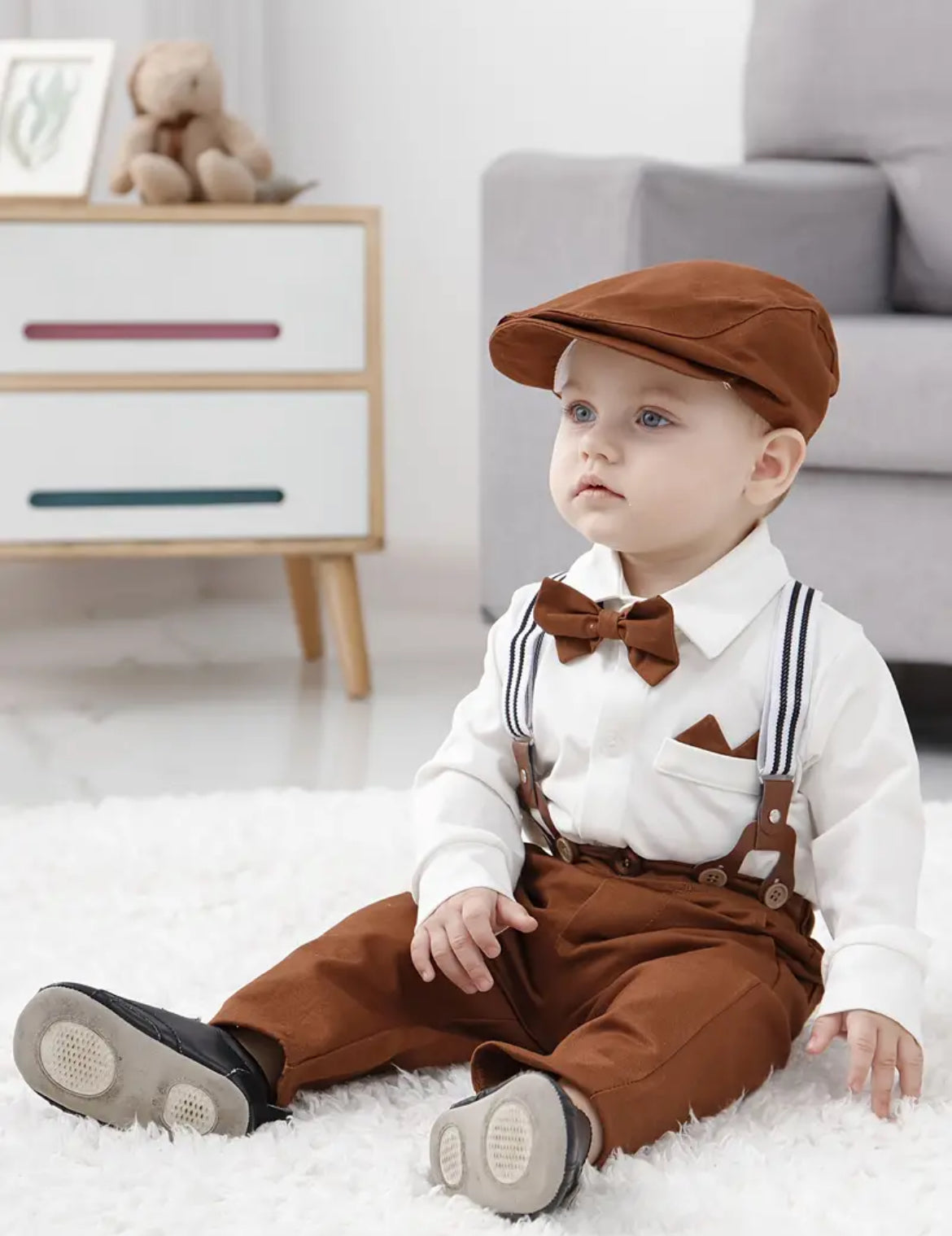 4pcs Baby Long-sleeved Gentleman Suit - Baby Triangle Jumpsuit, Beret, Suspenders, Bow Tie Set, 0-24 Months Soft And Comfortable Toddler Dress