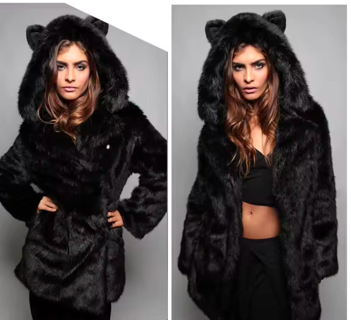 “Beautiful Bear” Women Faux Fur Coat, Hooded Ear, Casual Loose Warm 🐻🐼