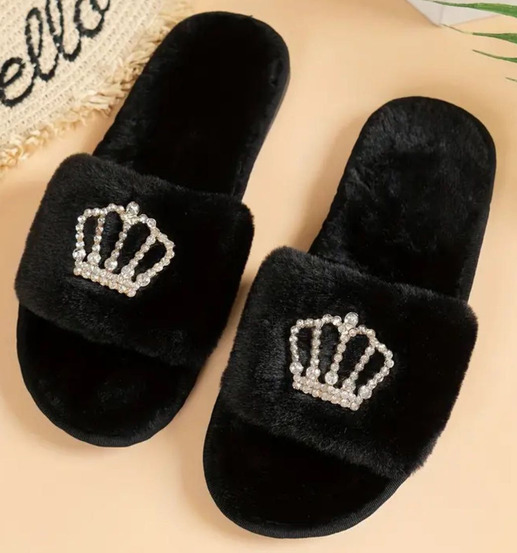 Cozy & Fuzzy “Rhinestone Crown Plush Slippers” Open Toe Soft Sole