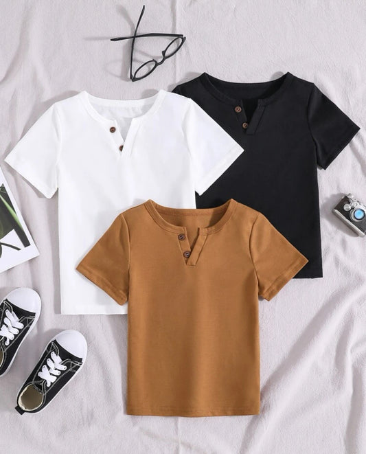 Button Detail Notched Neck Tee, 3pcs