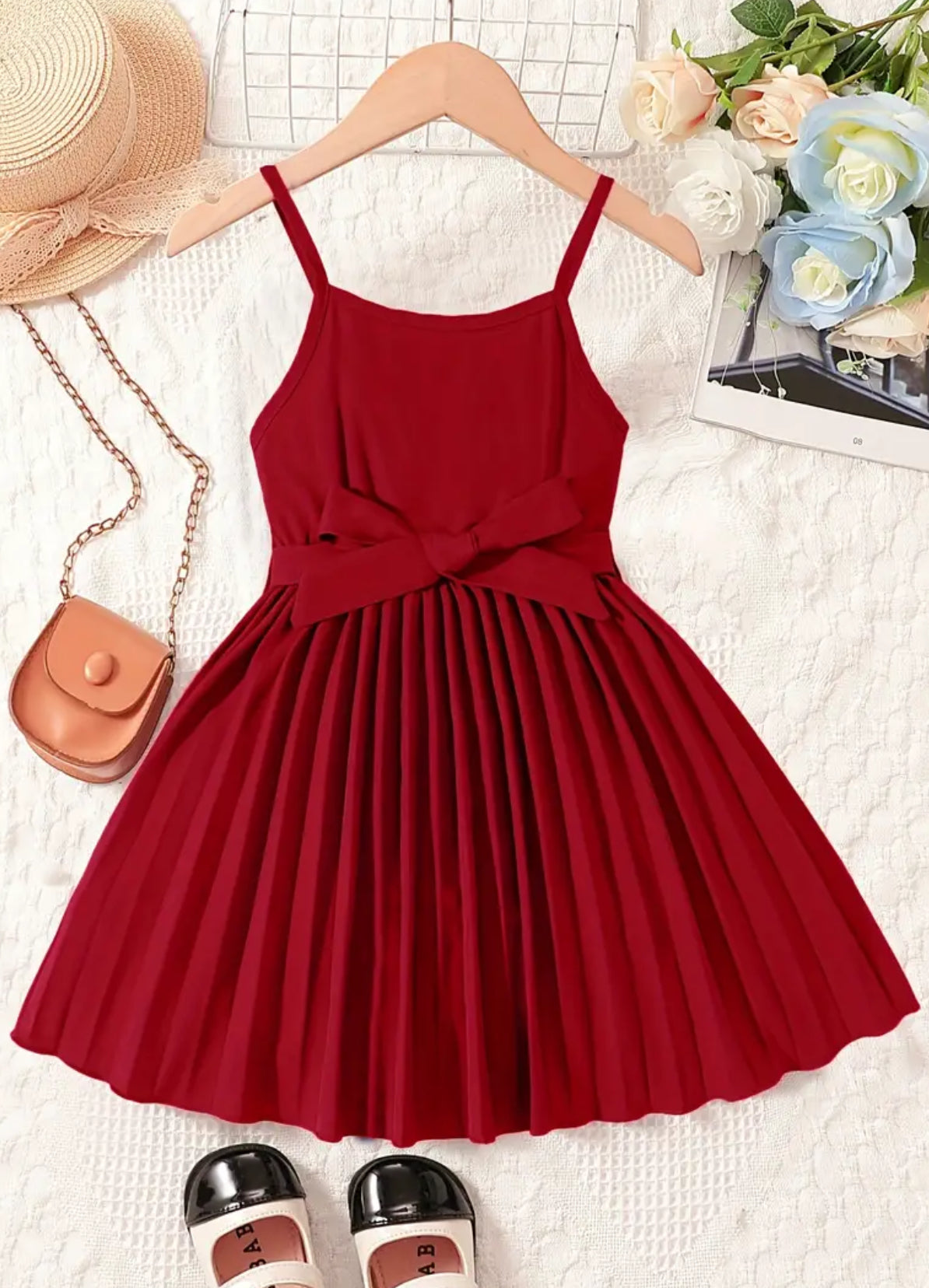 Girls, Vintage Pleated Hem Bow Belted Cami Dress