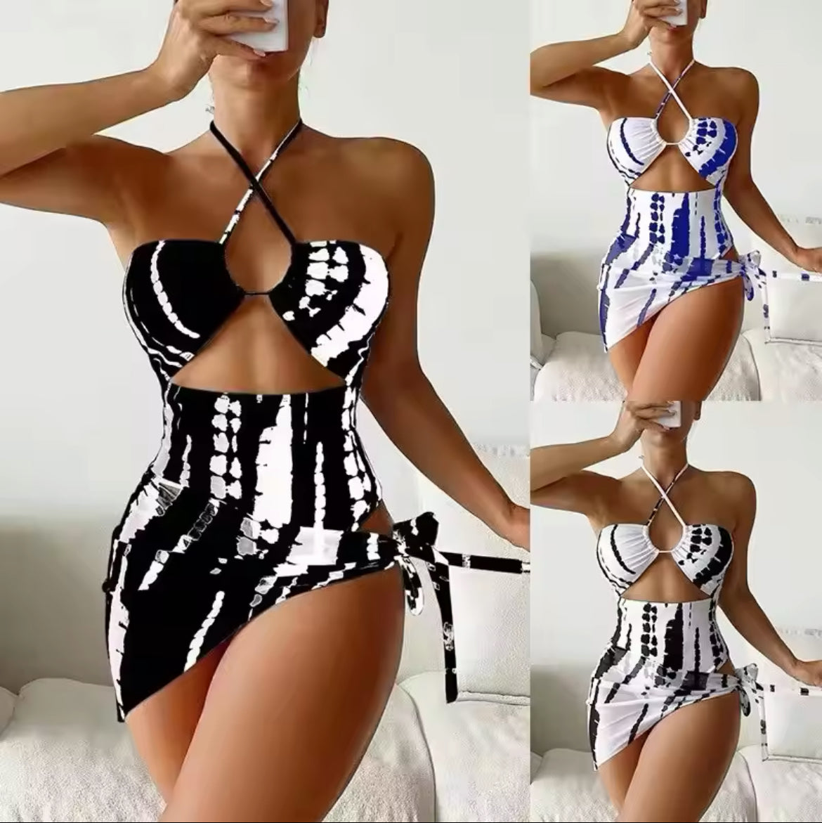 Traje de baño sexy de una pieza, de malla triangular que cuelga del cuello, conjunto de tres piezas con traje de baño ahuecado, hasta 3XL