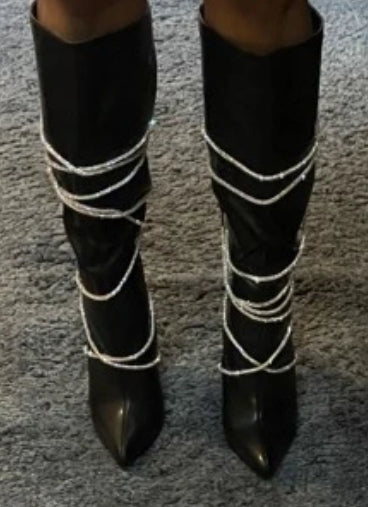 “Rhinestone Lace Up” Stiletto Heeled Boots, Leopard or Black