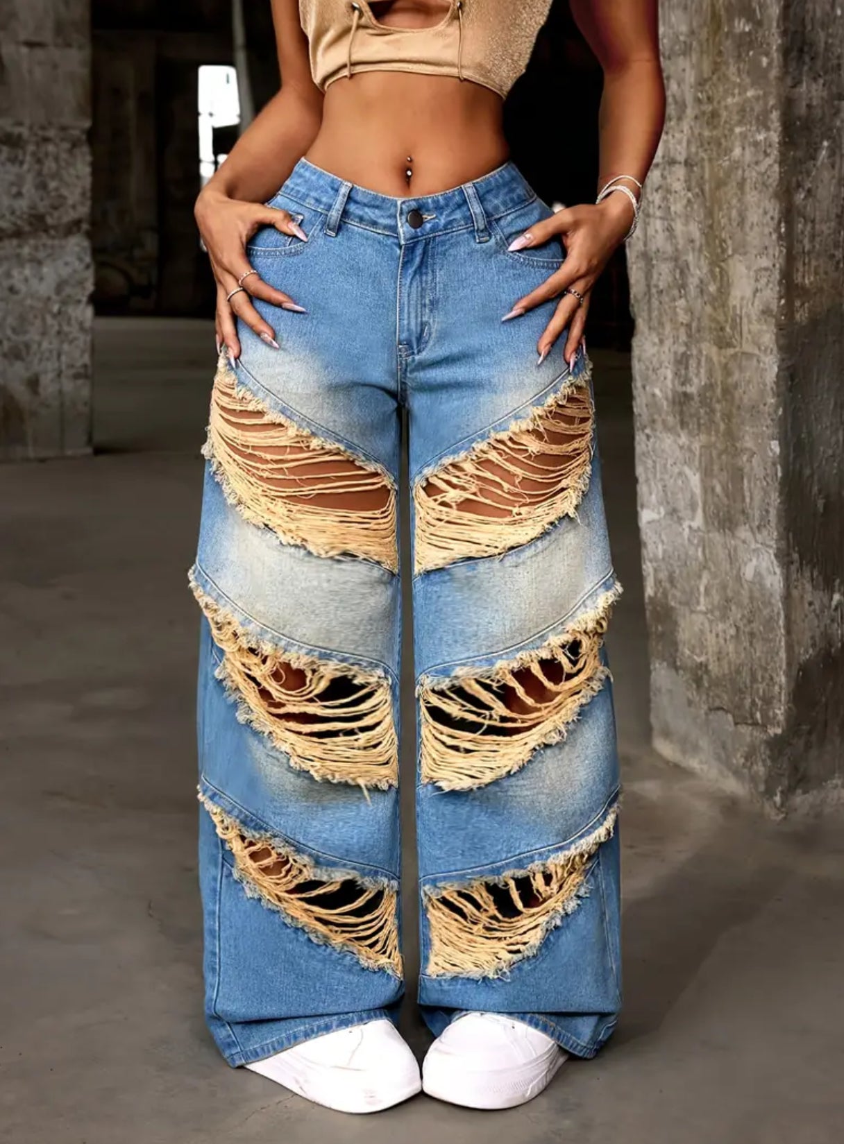 Distressed Edgy Ripped, European And American Fashion, Long Ladies Jeans