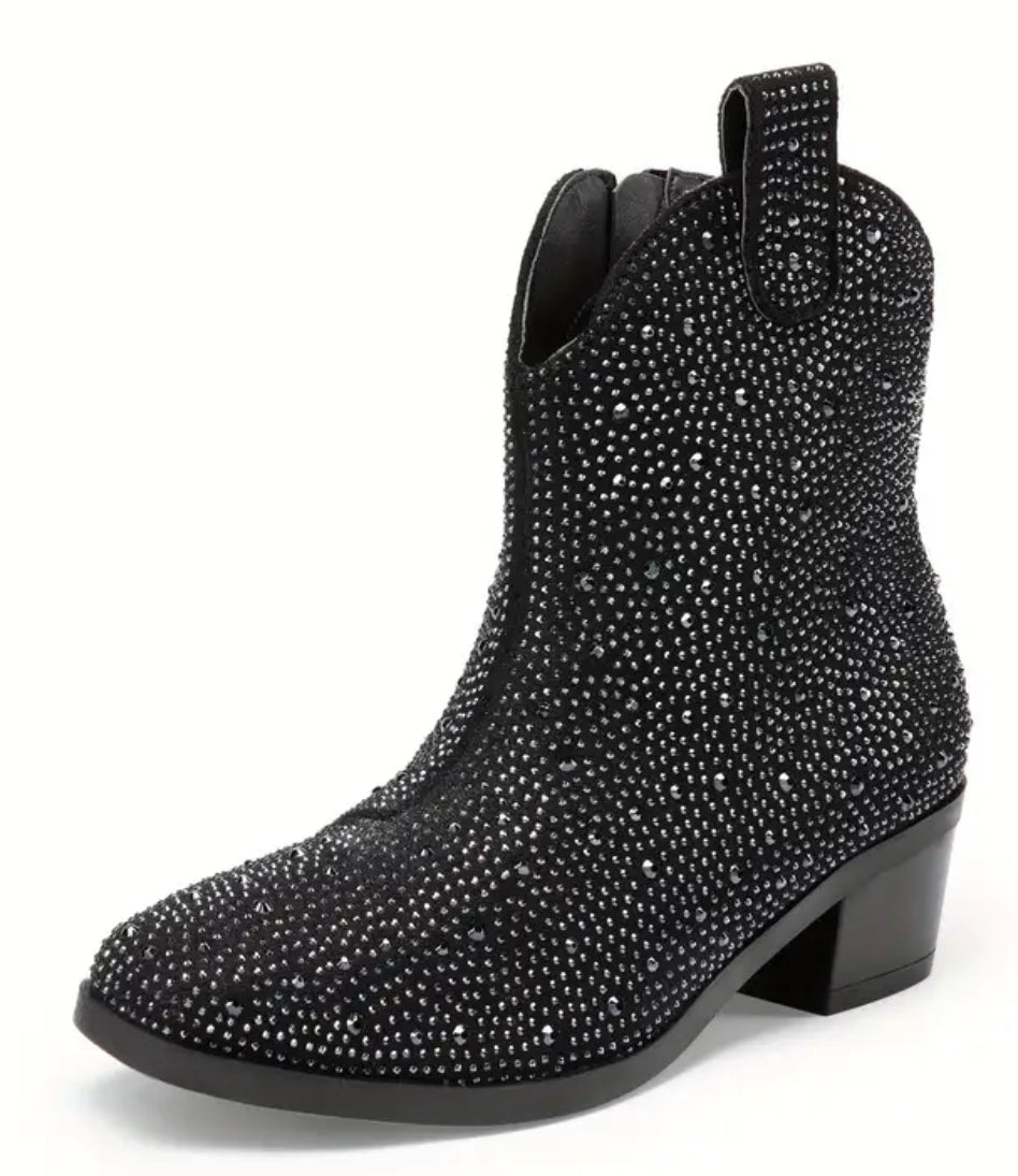 “Sparkling Cowgirl” Cowboy Rhinestone Ankle High Boots, Low Heel, Youth