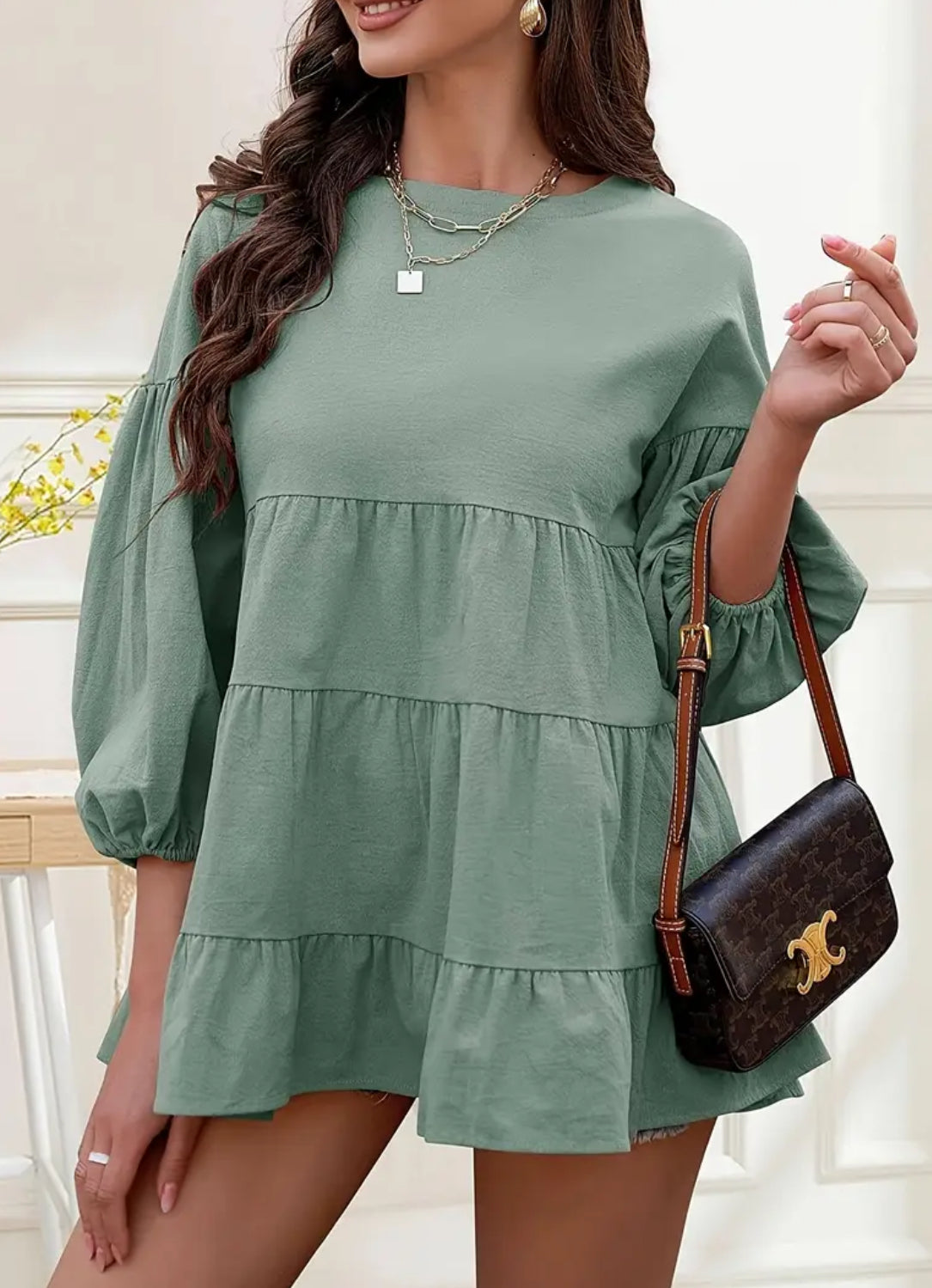 Women's ‘Babydoll’ Peplum Lantern Sleeve Crewneck Loose Dress