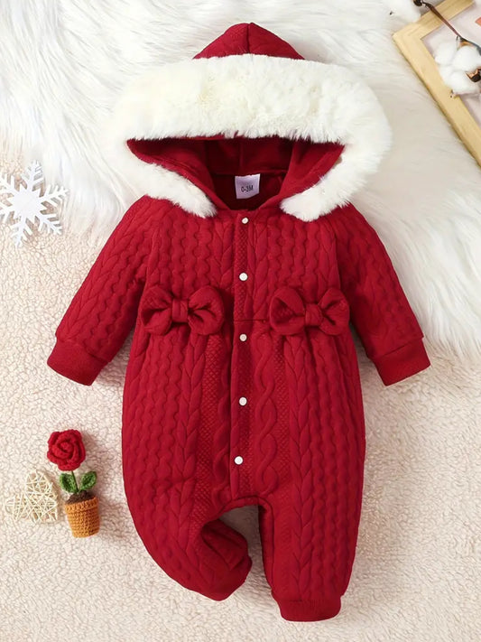 “Baby Girls 1st Holiday” 🎅🏻Winter Cute Hoodie Onesie, Long-sleeved, Bow Tie hair Collar Detachable)