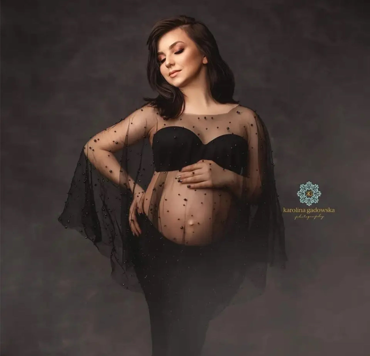 Capa tipo jersey de maternidad con perlas y tul sexy para fotografía