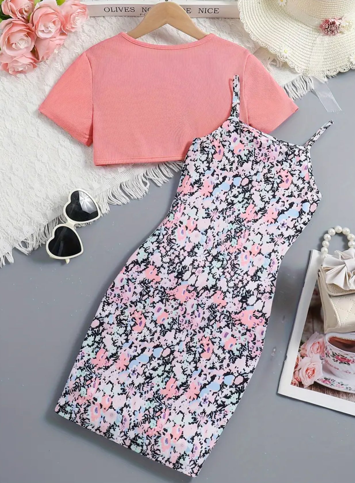 Conjunto de 2 piezas de top corto con lazo y vestido camisola con estampado floral para niñas