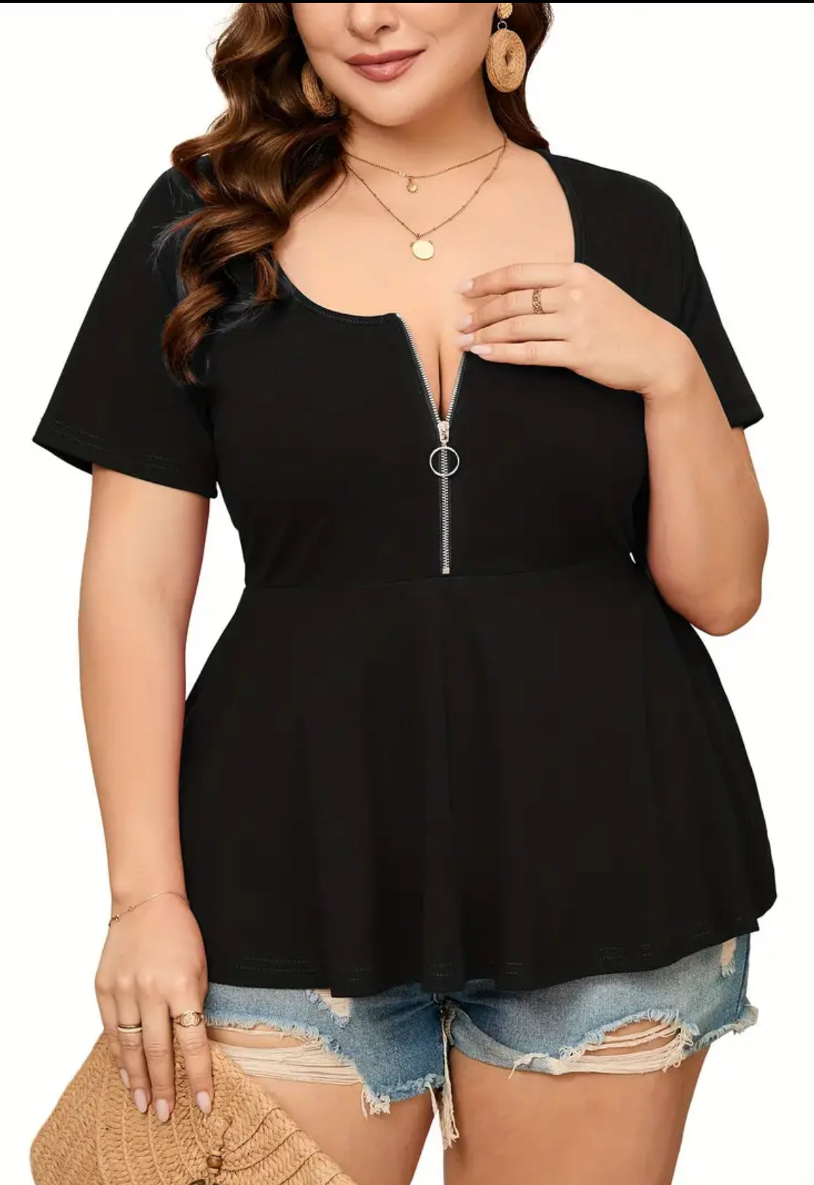 “Zip Up” Casual Ruffle Hem Short Sleeve Top, up to 5xl