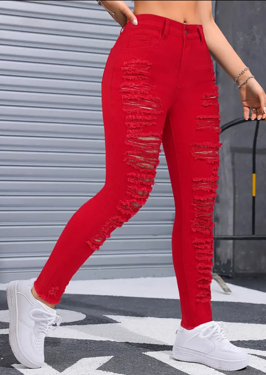 Distressed Ripped Red Sexy Zipper Button Closure Jeans, Skinny Fit, Women's Denim