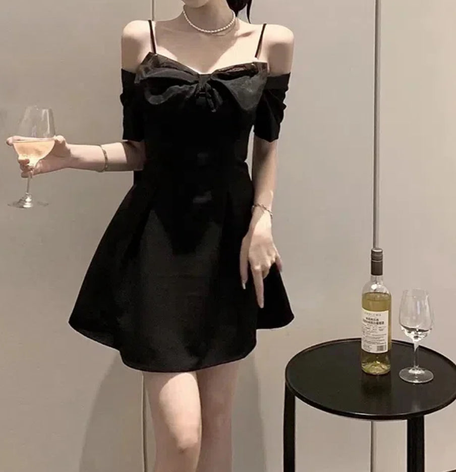 Elegant Mini Fashion Dress, Bow Slash Neckline, Women’s