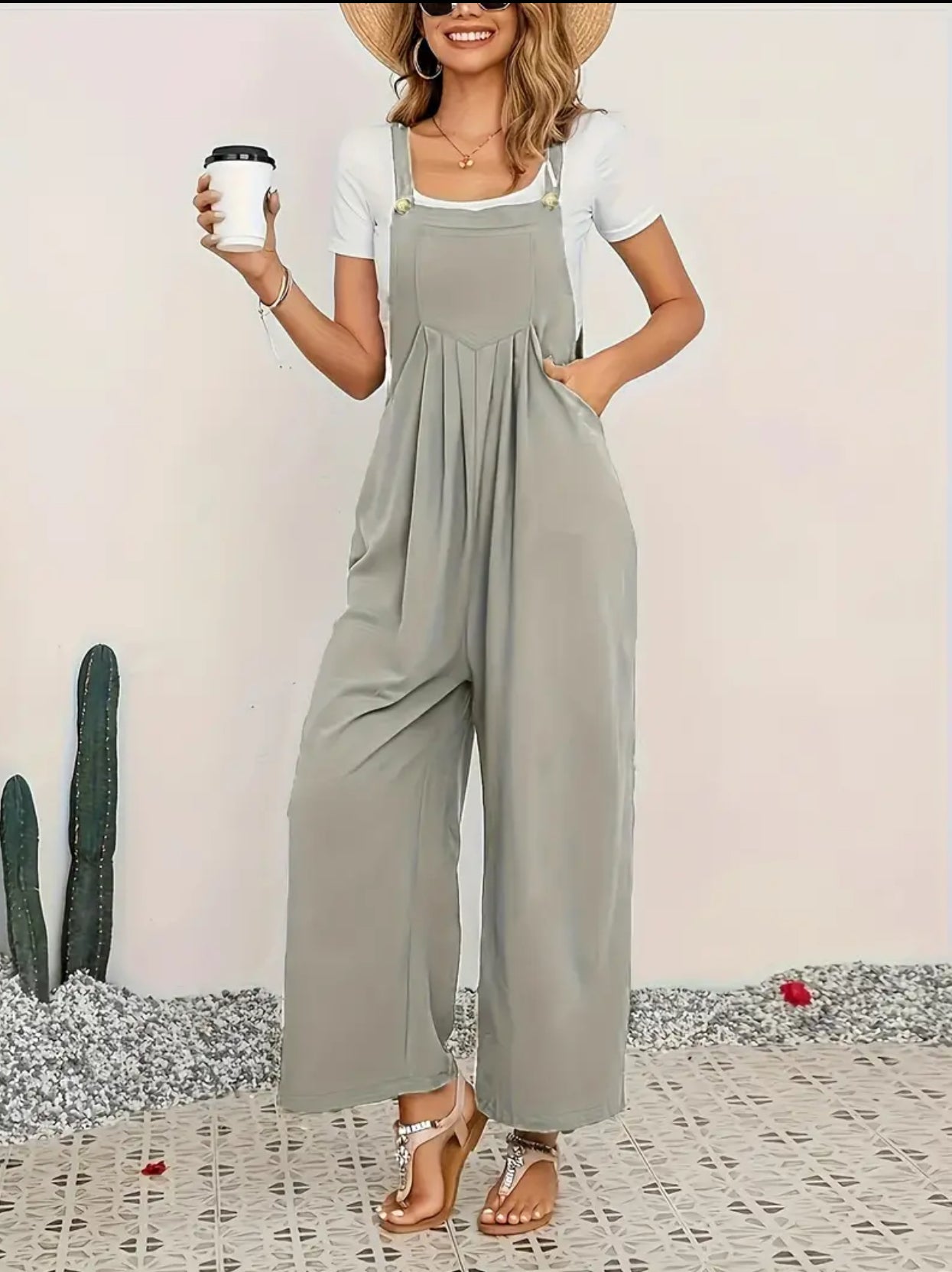 Casual Button Overall Jumpsuit, Wide Leg, Women’s