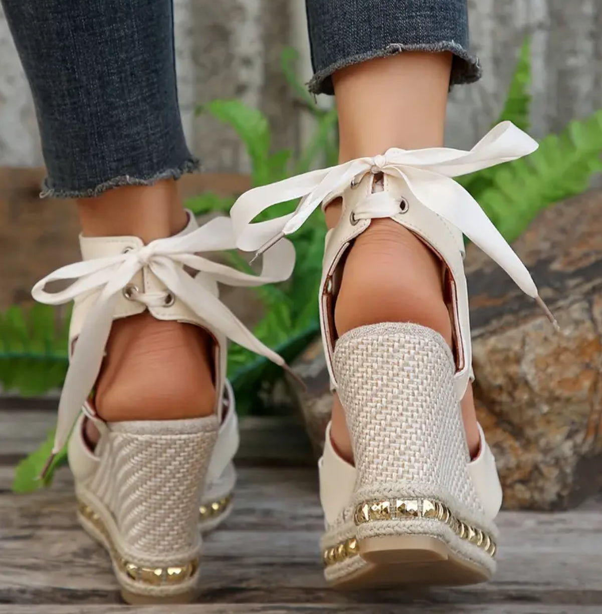 “Beige & Gold” Women’s, Stylish Lace Up Platform