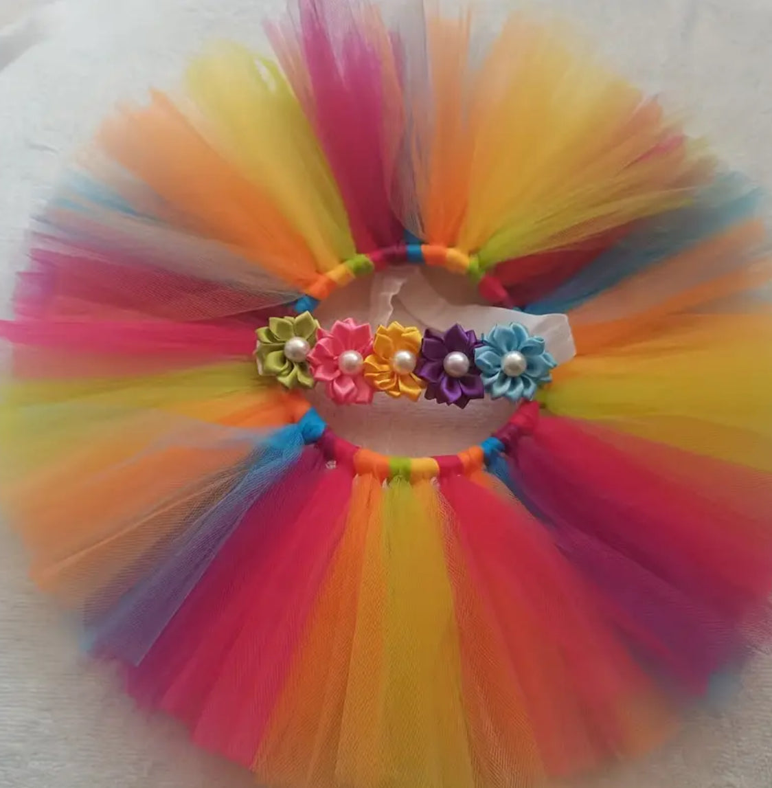 Rainbow Color Baby Skirt Tutu Set with Flower Beads Headband, 🌈