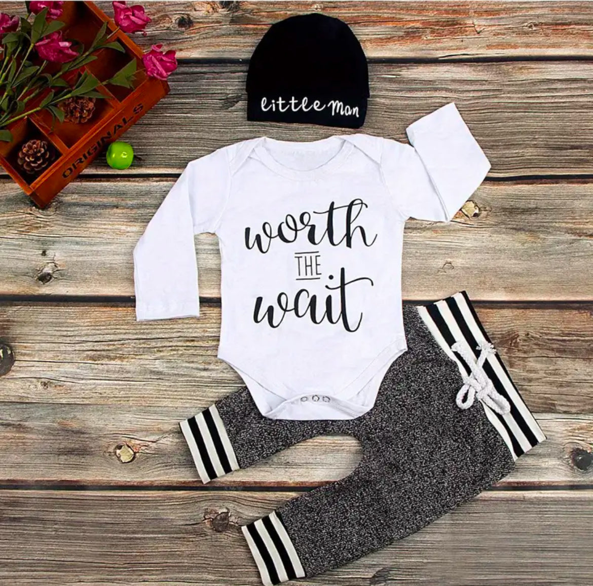 3pcs Outfit Set, Long Sleeve Envelope Neckline Romper, Elastic Band Pants + Beanie Hat