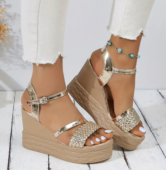 “Gold & Beige” Women’s Faux Leather Wedge Sandals