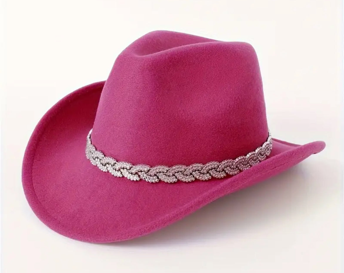 Sombrero de vaquero de fieltro de moda para mujer con banda de diamantes de imitación plateados y detalle de cuentas