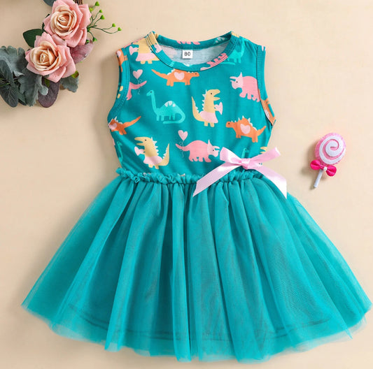 Girls Pastel Dinosaurs Mesh Dress Sleeveless