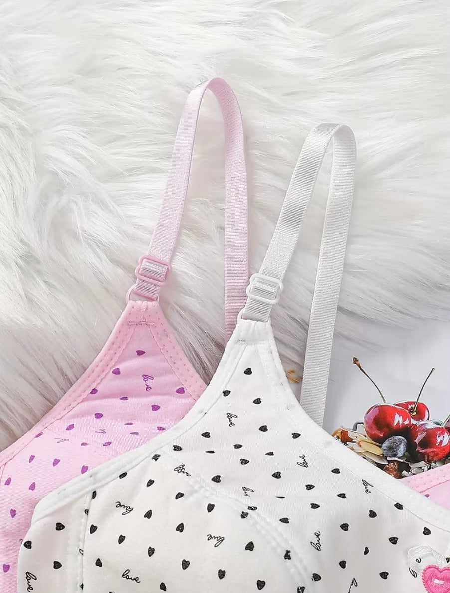 Girls Heart-Print Training Bras | Adjustable Straps and a Small Bow Detail